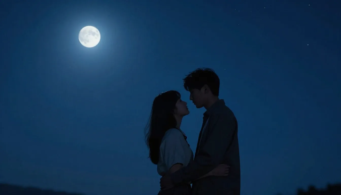 A romantic couple standing under a starry night sky, soft bl...