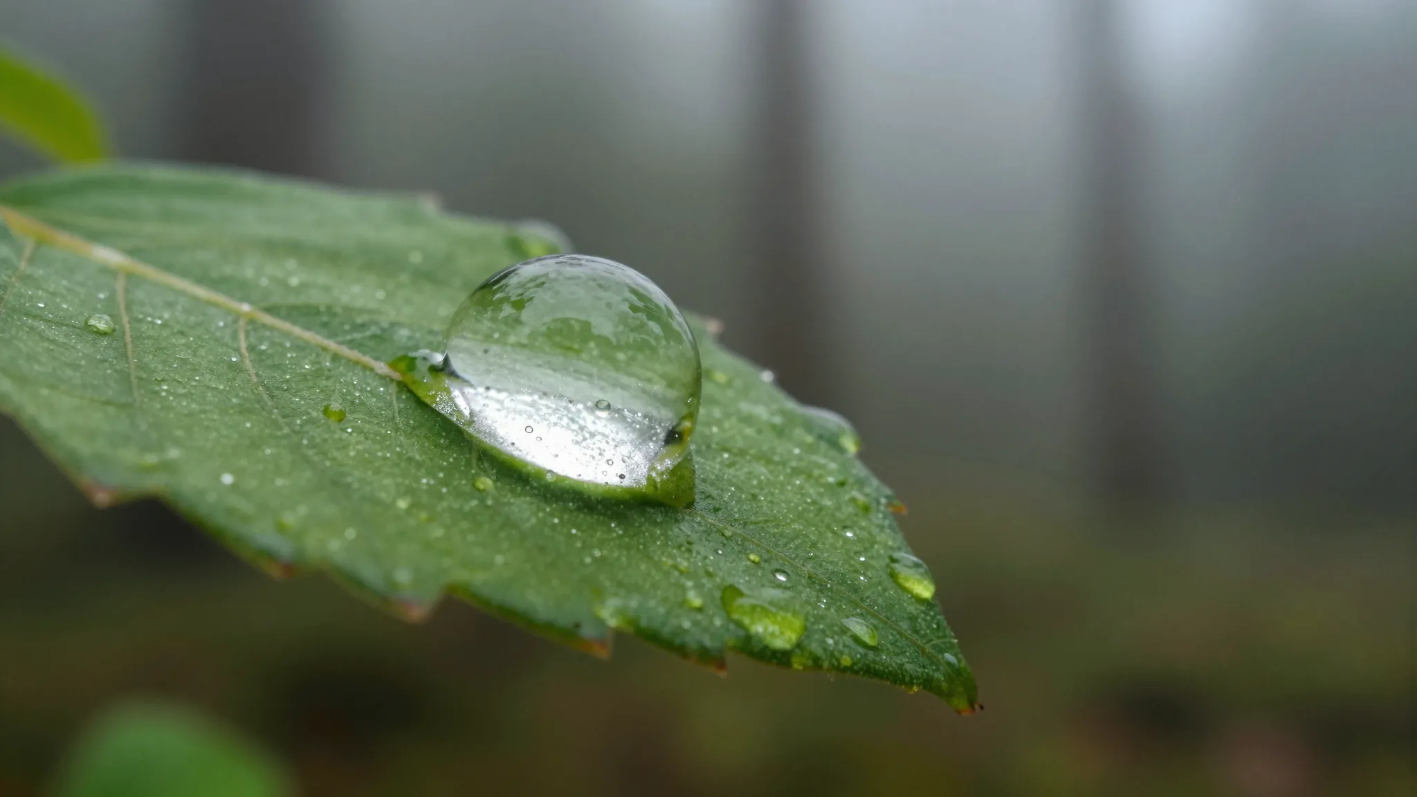 Macro photography of a dewdrop on a green leaf, internal ref...