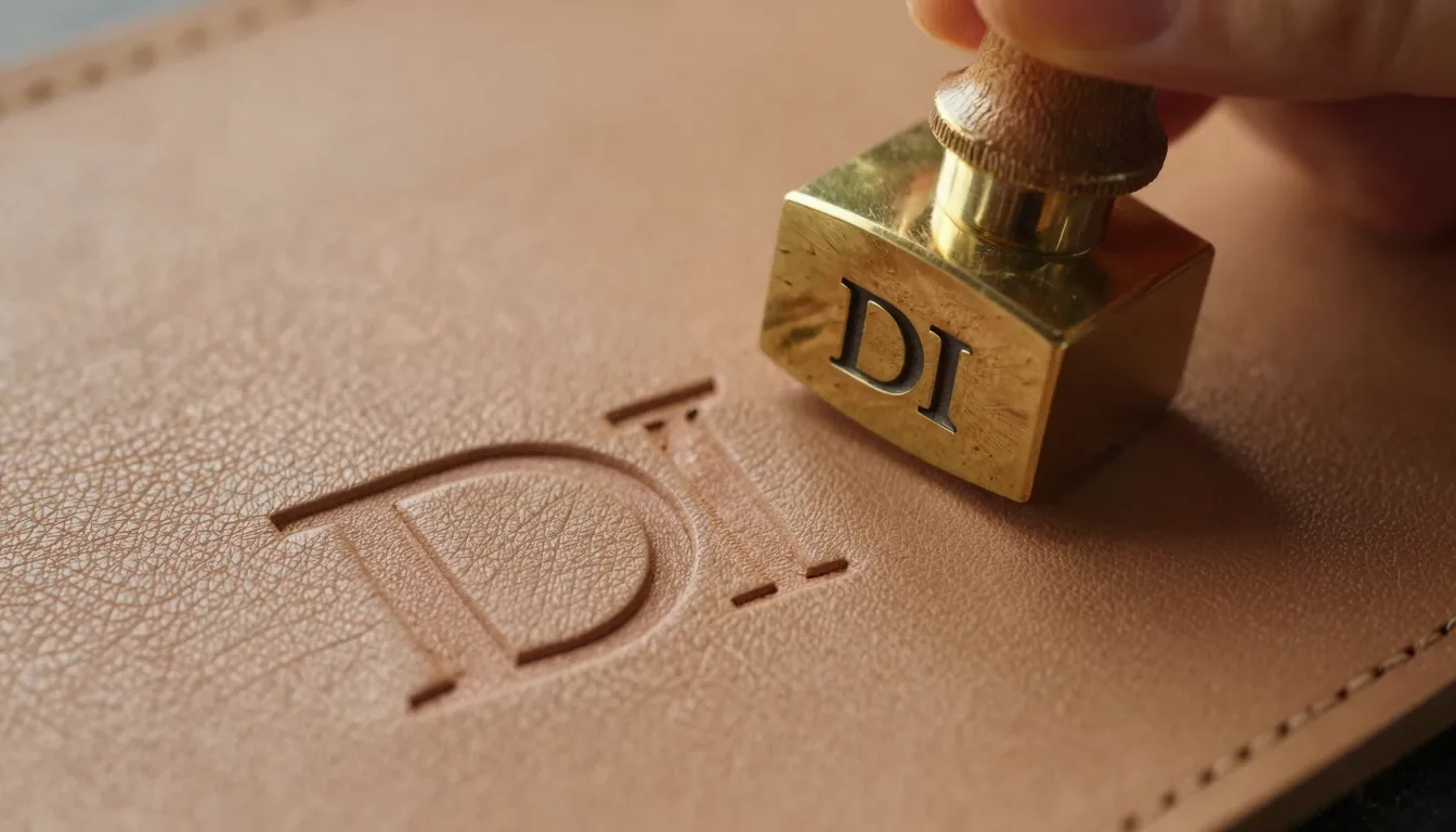 Macro photography of a brass leather stamp with 'DI' logo, p...