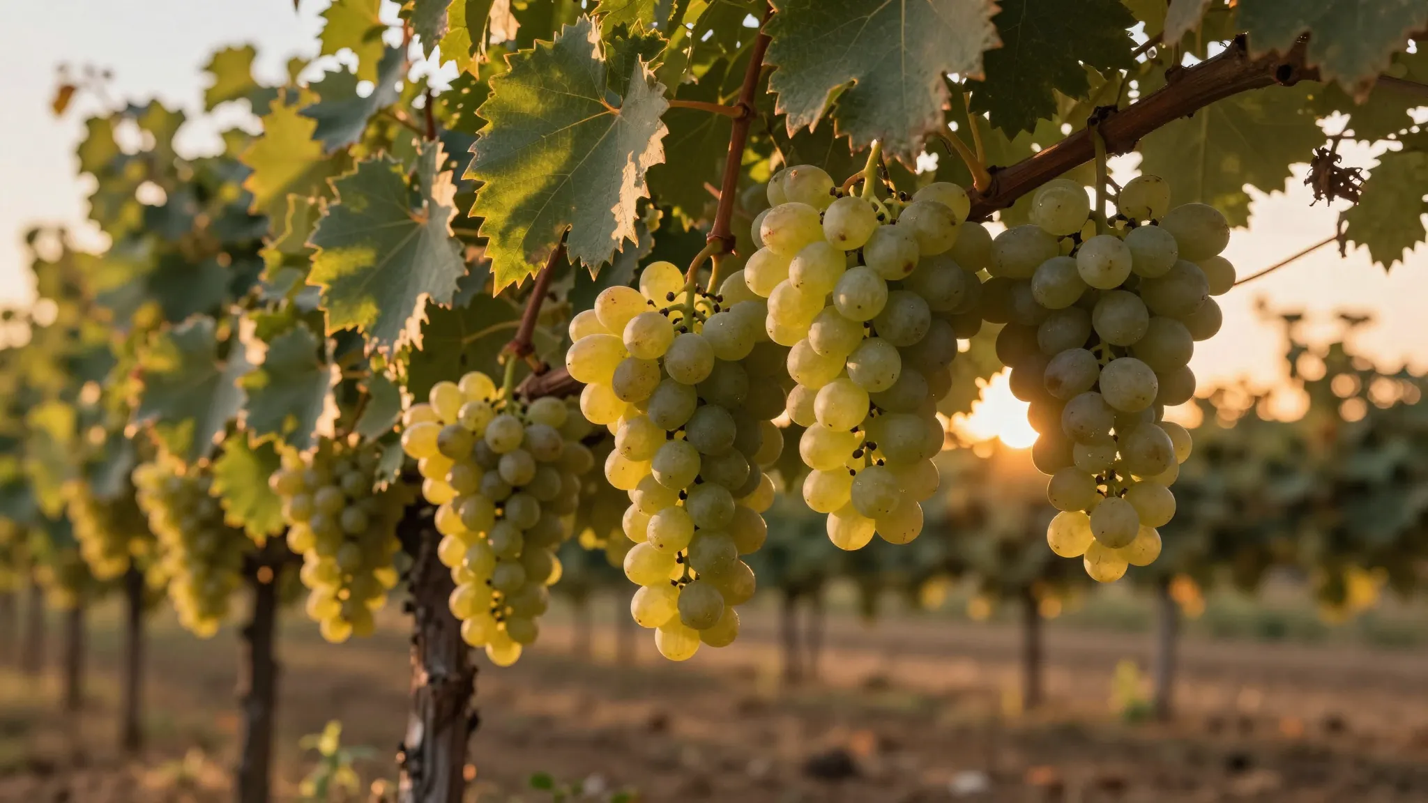 A beautiful vineyard at sunset with ripe bunches of Kishmish...
