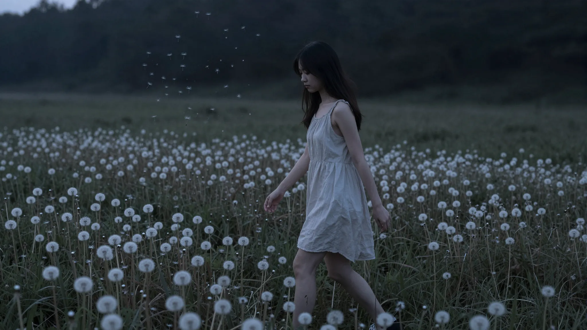 A young woman in a simple summer dress walking through a fie...