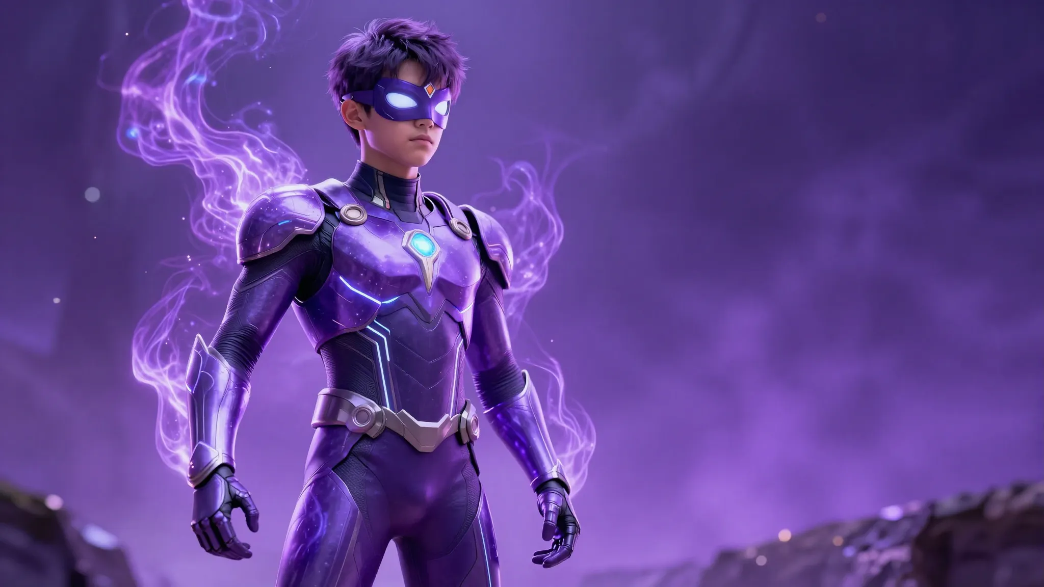 A teenage superhero named Purple Meteorite Hero standing in ...