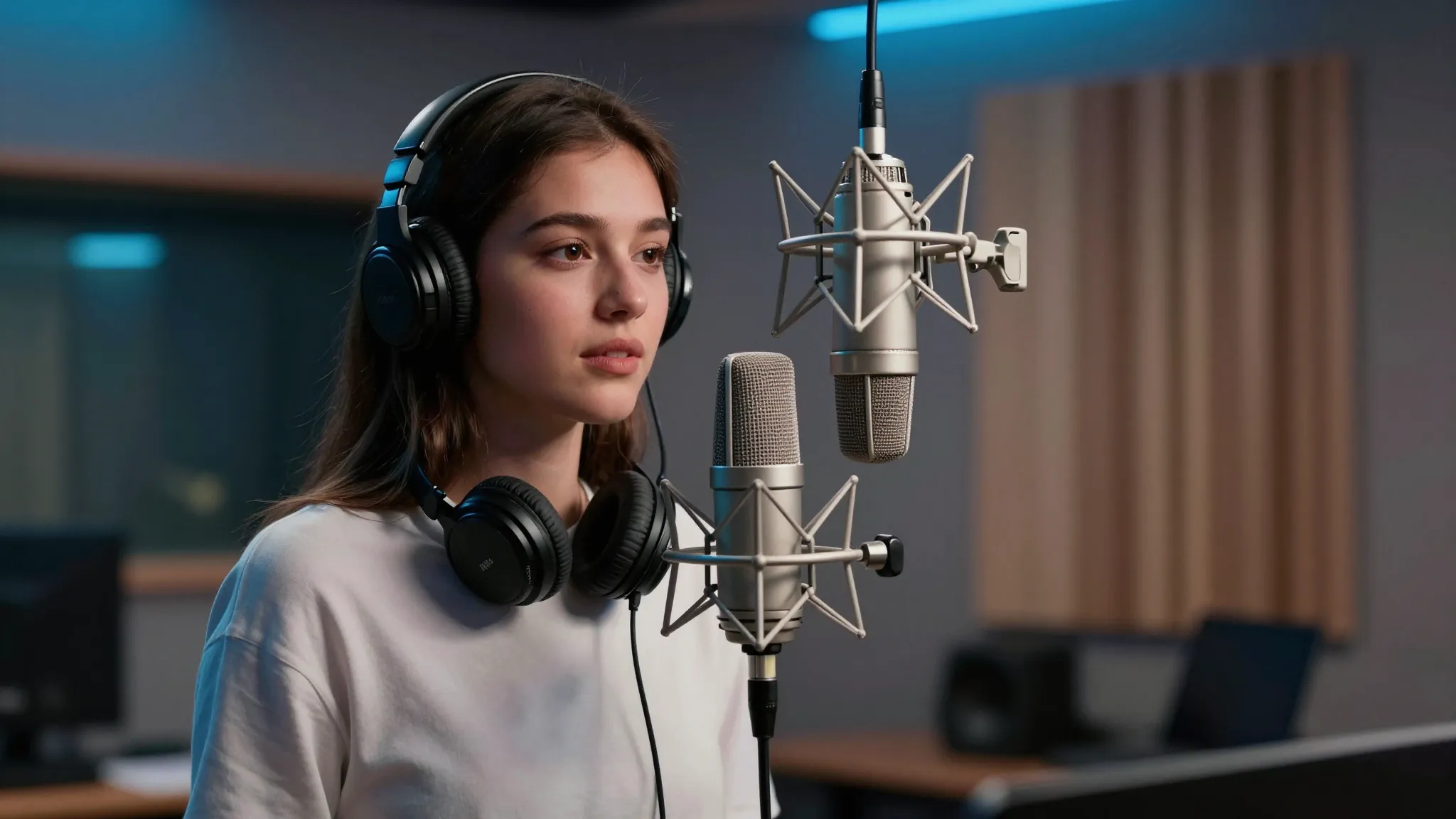 Professional female singer with a microphone in a modern rec...