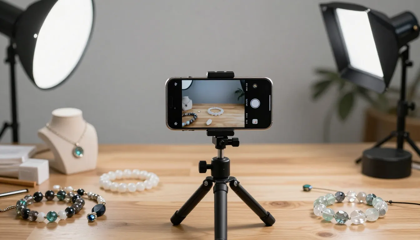 A smartphone on a tripod filming beautiful crystal jewelry o...