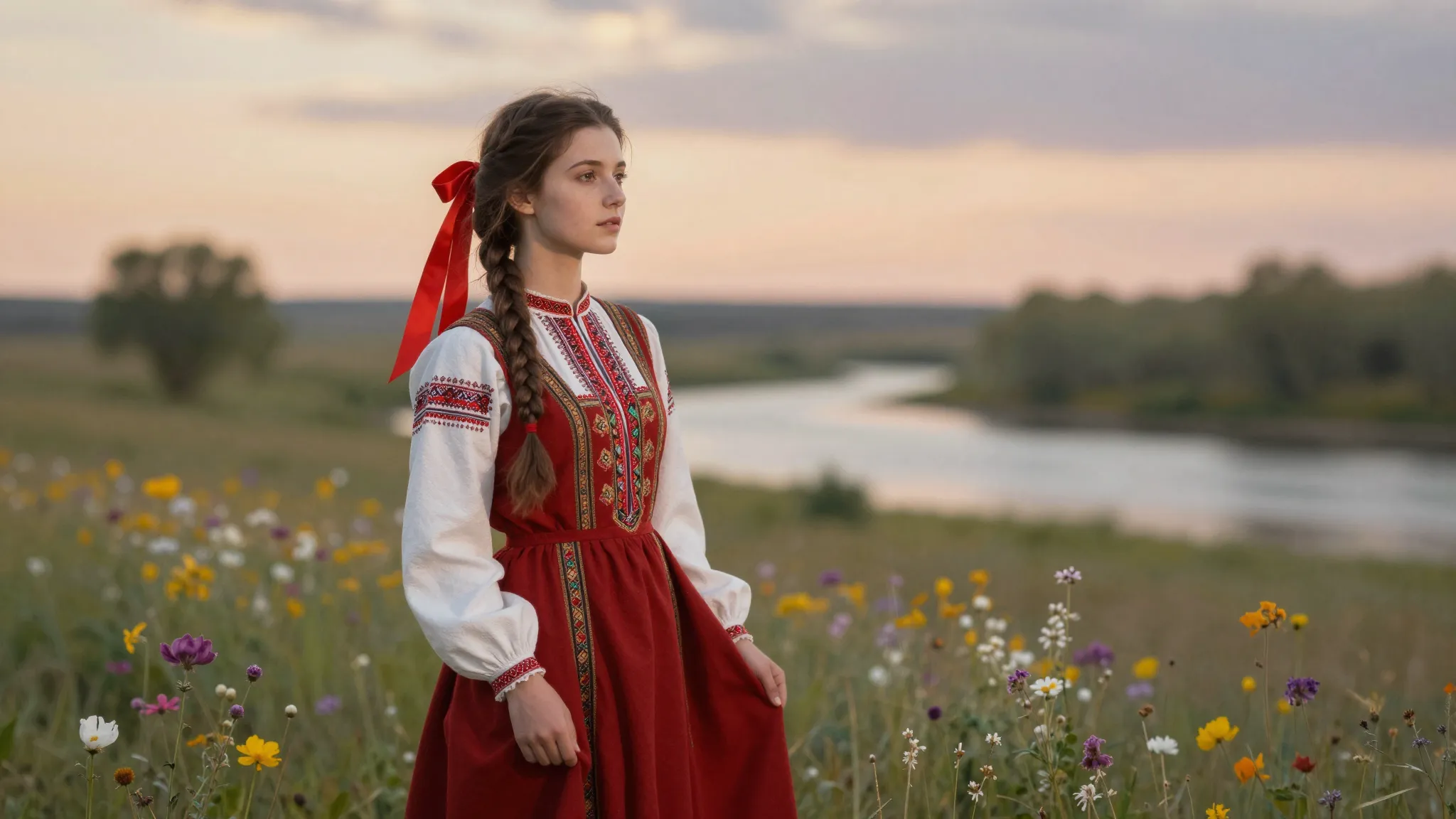 A beautiful young Cossack woman in traditional dress with a ...