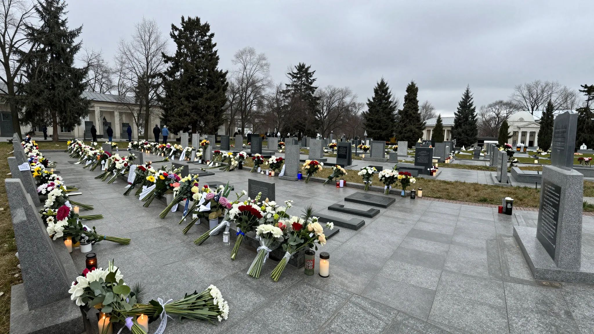 Wide shot of the Alley of Glory at Mitinskoe Cemetery, memor...