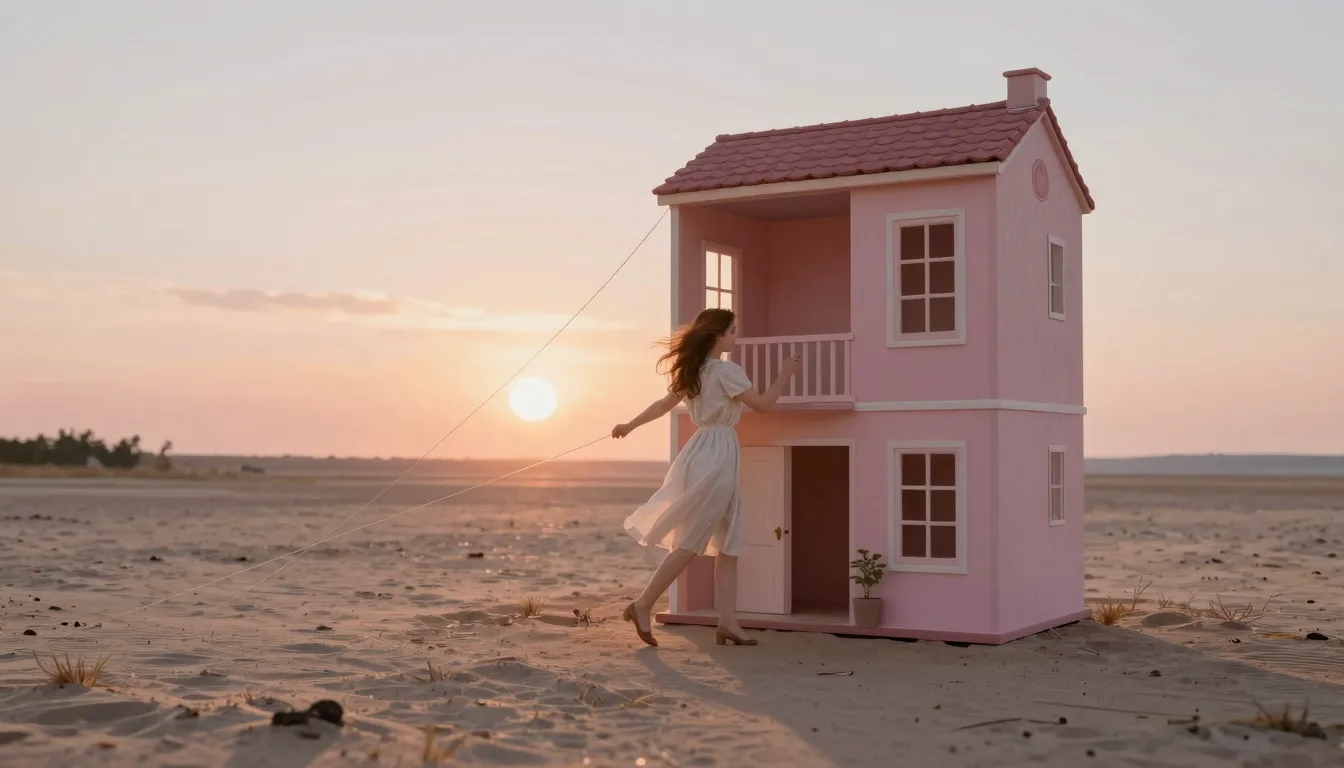 A surreal scene of a woman stepping out of a literal 'dollho...