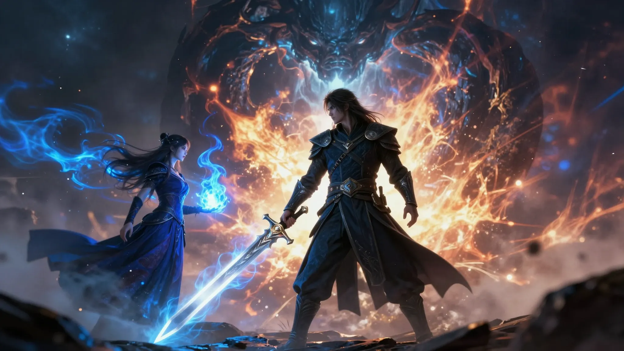 A hero holding a glowing silver sword, standing with a femal...