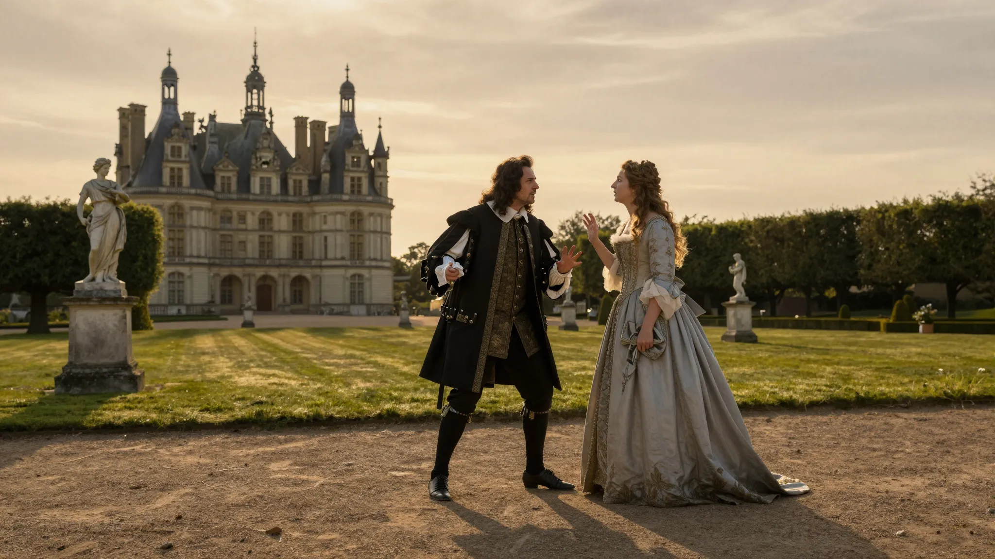 Cinematic shot of a 17th-century French chateau park, sunset...