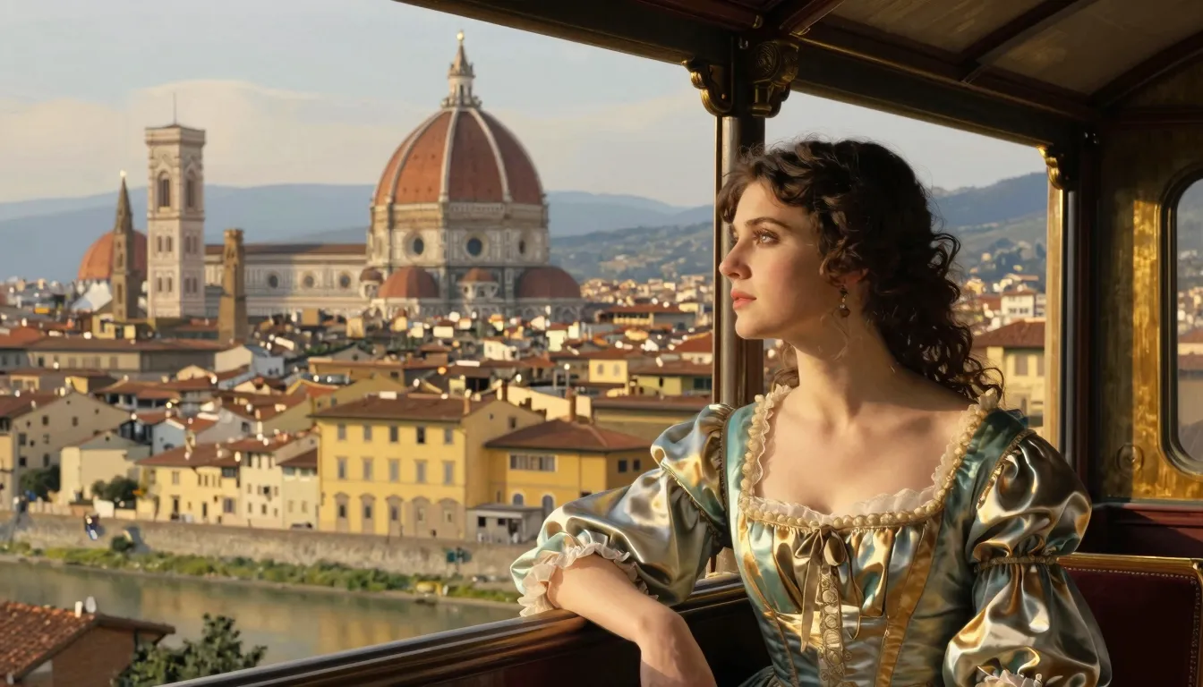 Cinematic view of 17th-century Florence from a carriage wind...