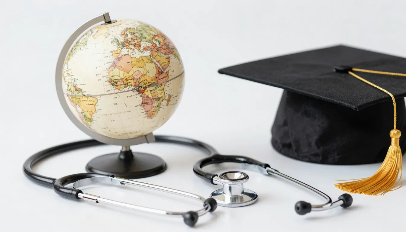 A celebratory medical theme with a globe, a stethoscope, and...
