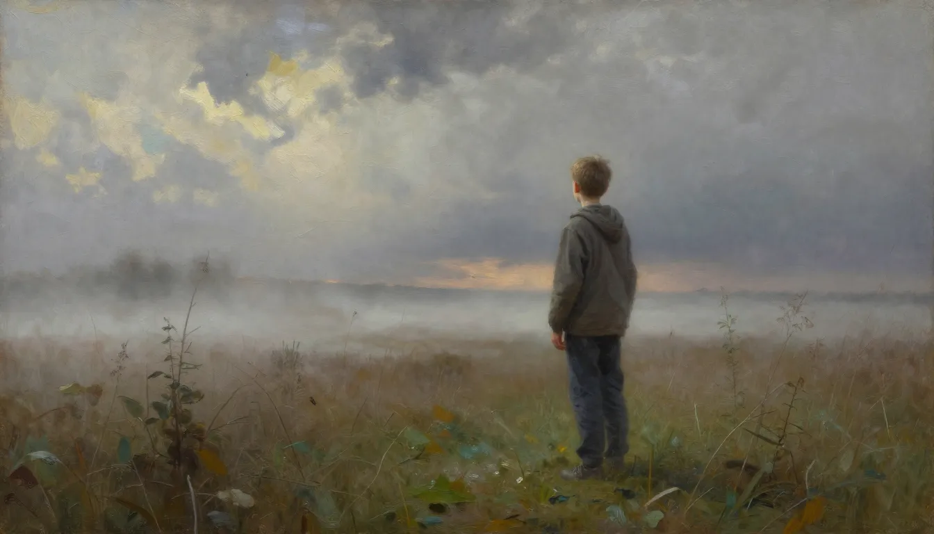 A young boy standing in a misty field near Smolensk, looking...