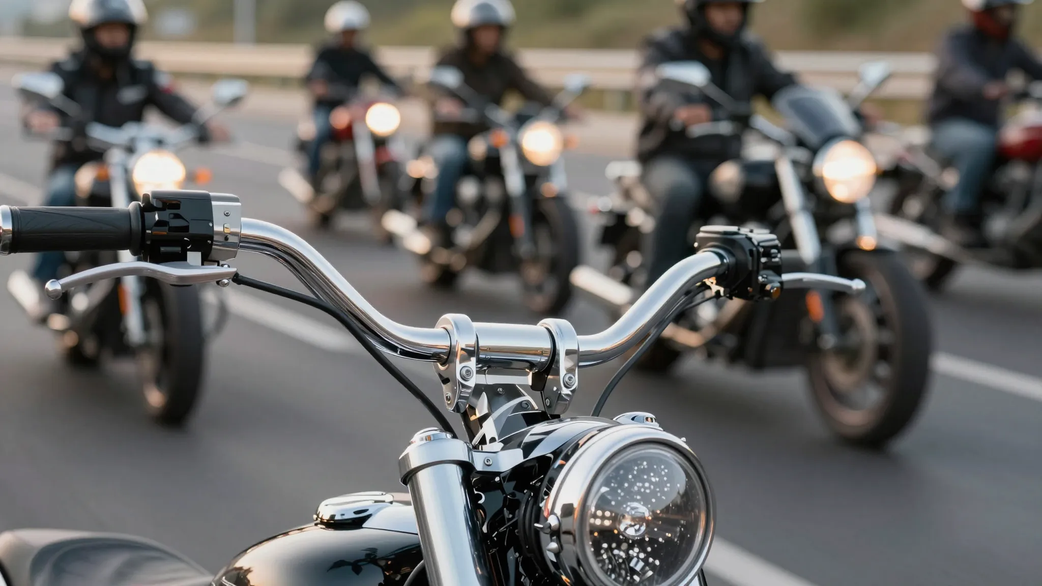 A powerful close-up of a stylish motorcycle handlebar and ch...