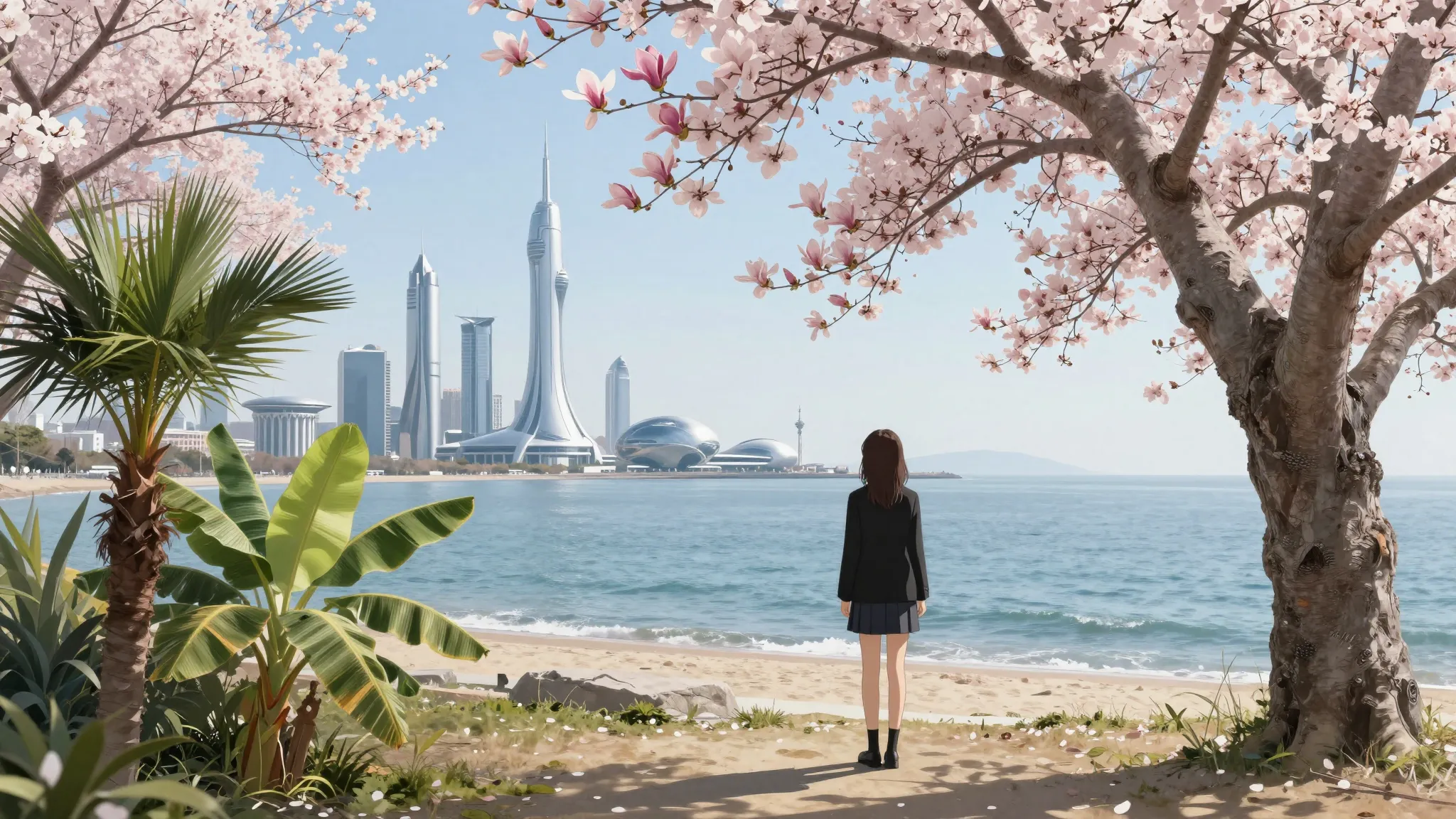 Wide shot of a coastal landscape with blooming cherry blosso...