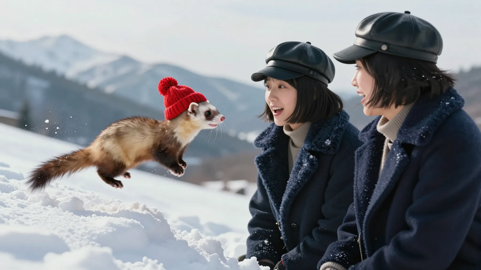 Side view, a tiny joyful ferret in a red knitted hat jumping...