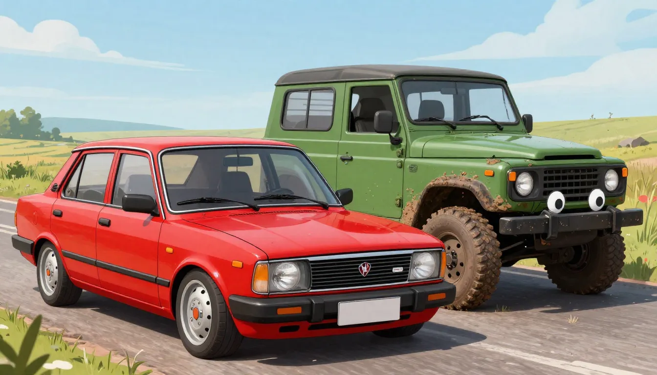 A funny cartoon illustration of a lowered bright red Lada ca...