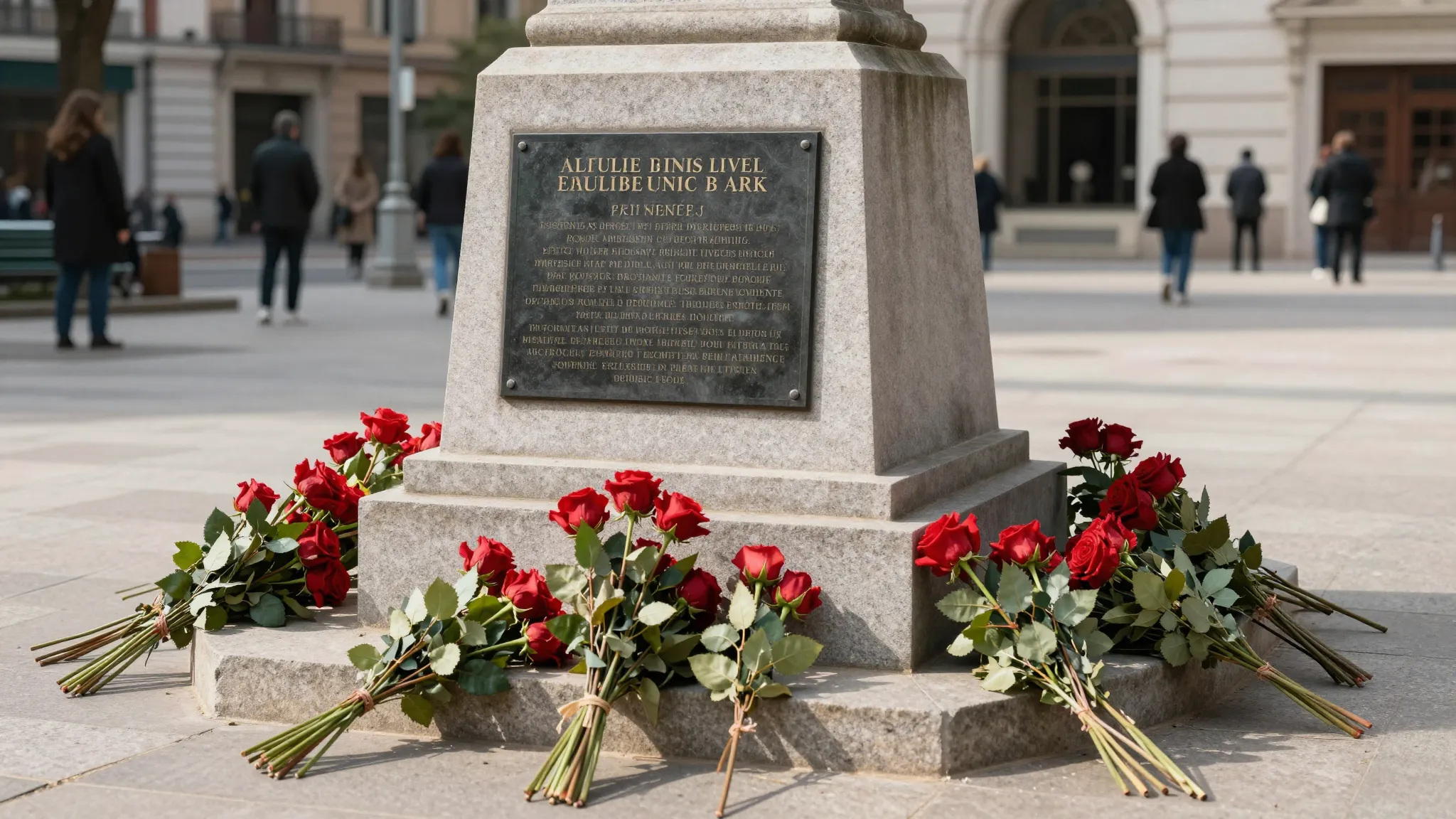 A realistic wide shot of a memorial plaque on a stone pedest...