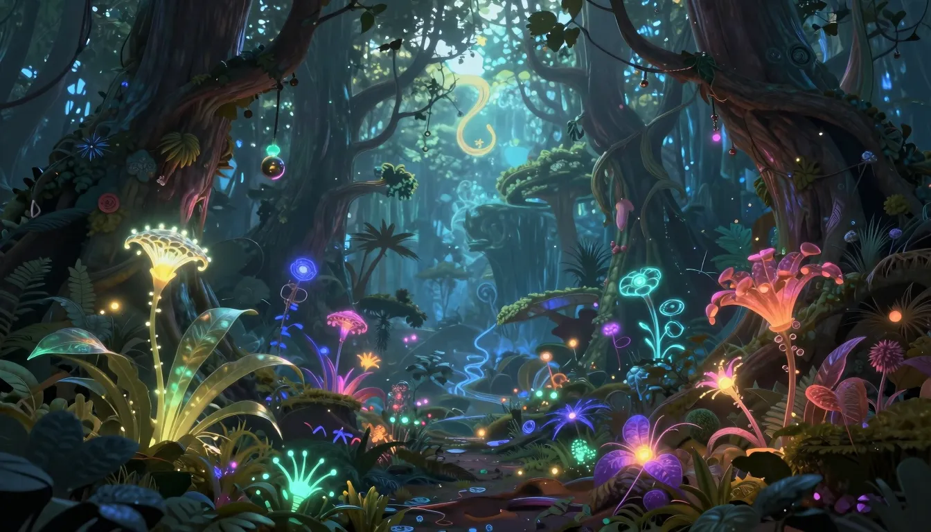Digital art masterpiece, a mystical forest with glowing plan...