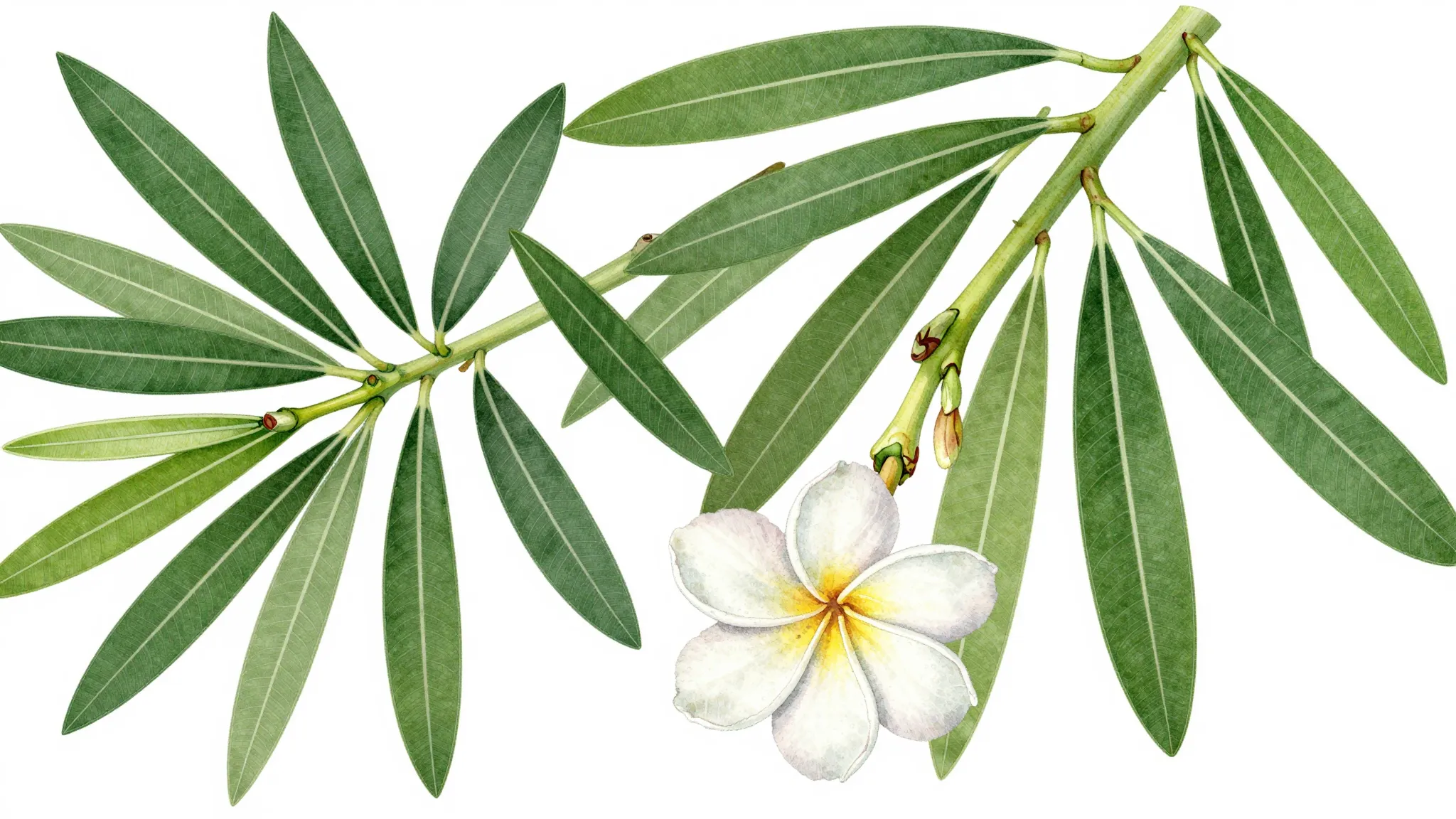 Botanical illustration of Oleander and Frangipani leaves, de...