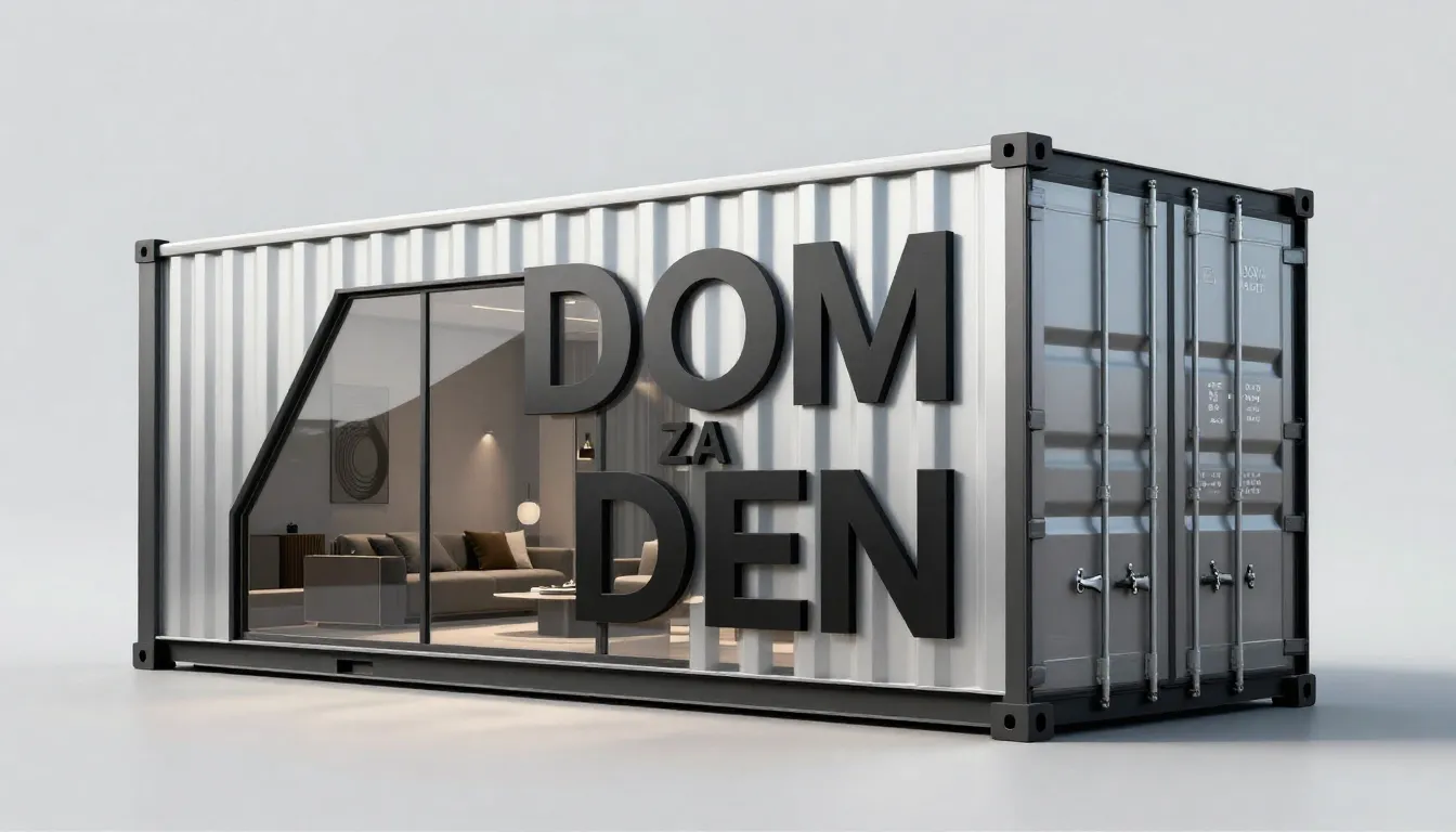 Logo for 'DOM ZA DEN', a stylized shipping container transfo...