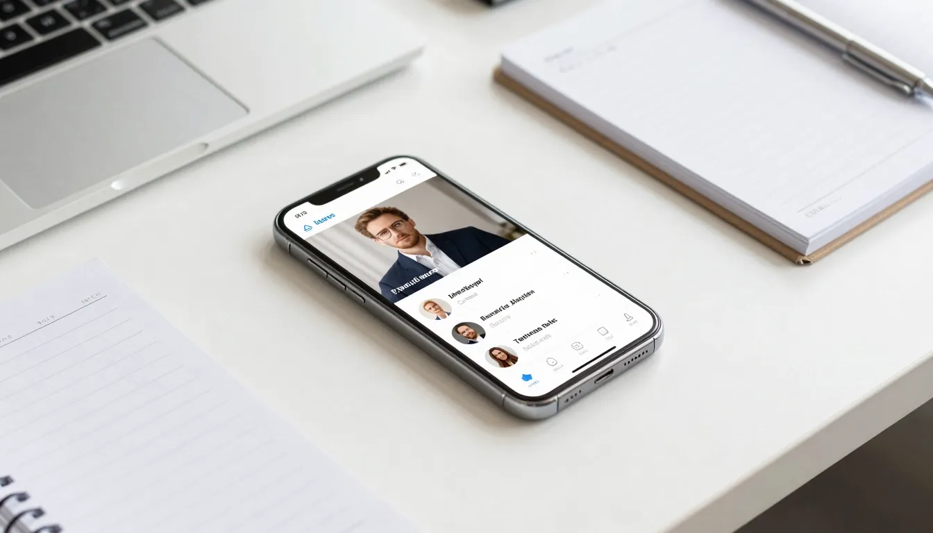 A bright, modern office desk with a smartphone displaying a ...