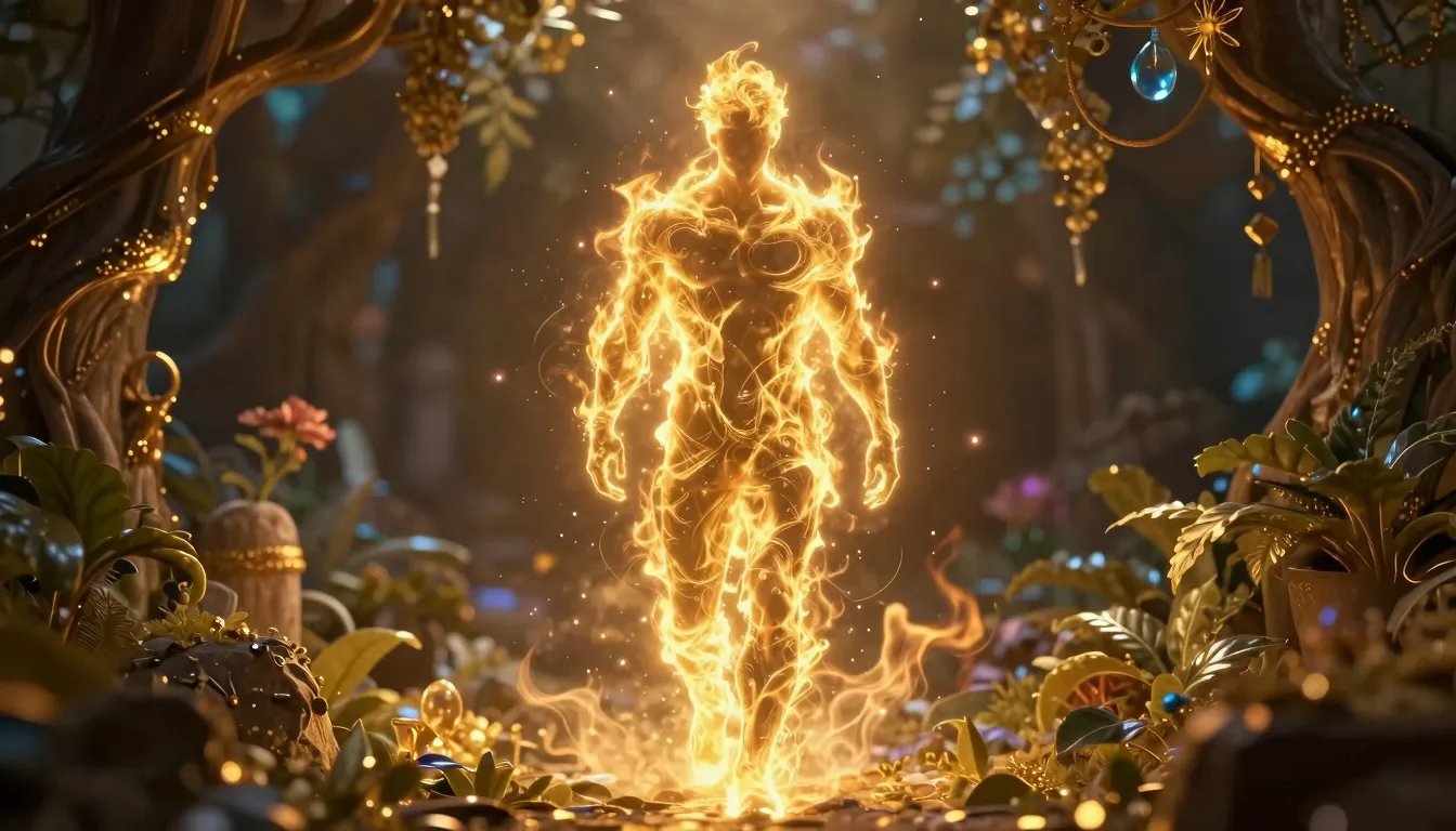 A silhouette of a powerful man made of golden flames and lig...