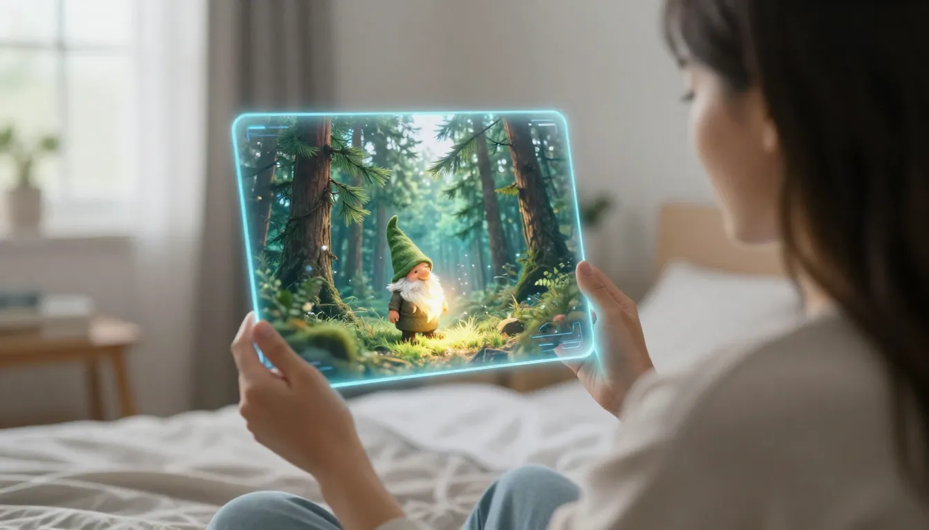 A woman in a bright bedroom holding a glowing holographic sc...