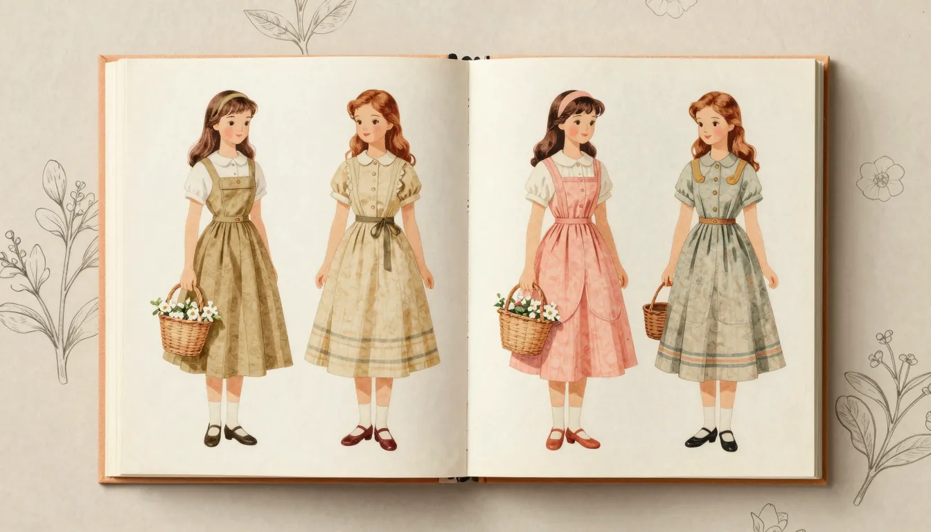 Book spread, paper doll illustration of a brunette girl with...