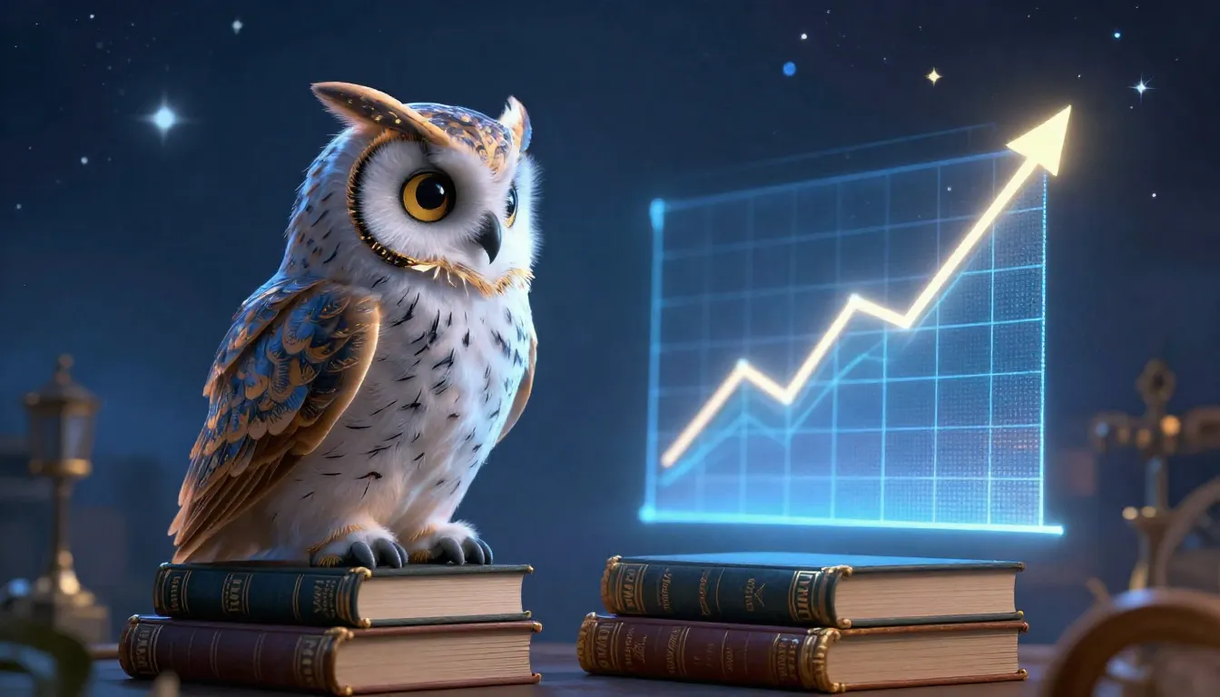 A magical owl sitting on a stack of ancient marketing books,...