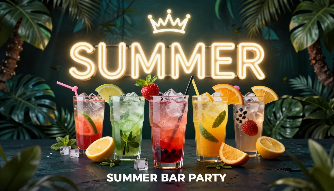 A stylish promotional poster for a summer bar party, neon si...