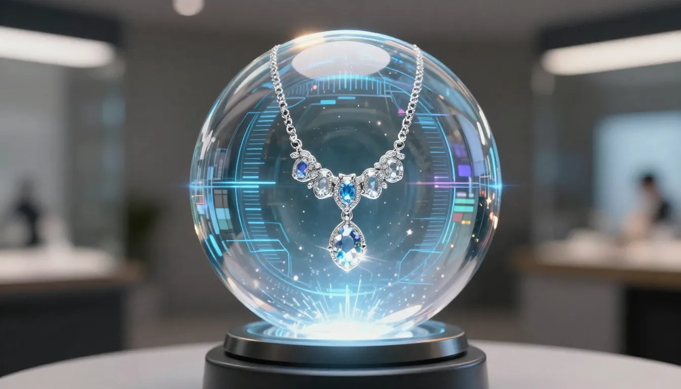A magical crystal ball showing a futuristic jewelry design o...