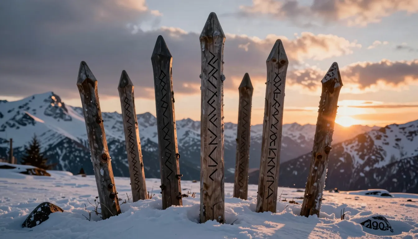 Epic viking metal aesthetic, ancient wooden stakes with carv...