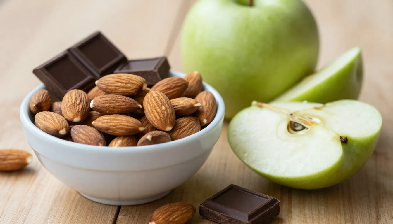 A bowl of fresh almonds, dark chocolate pieces, and sliced g...