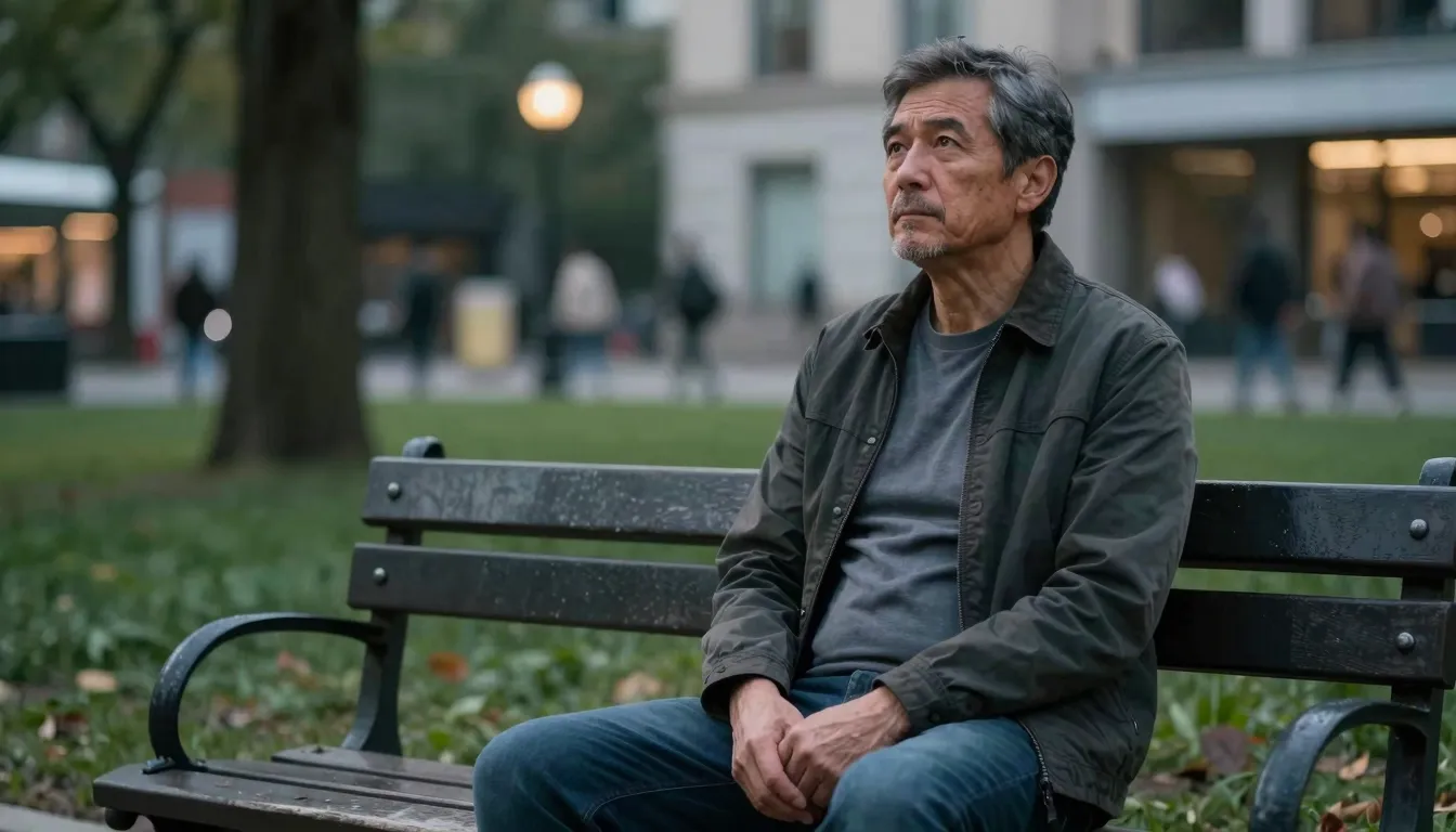 A middle-aged man sitting alone on a bench in a city park, l...