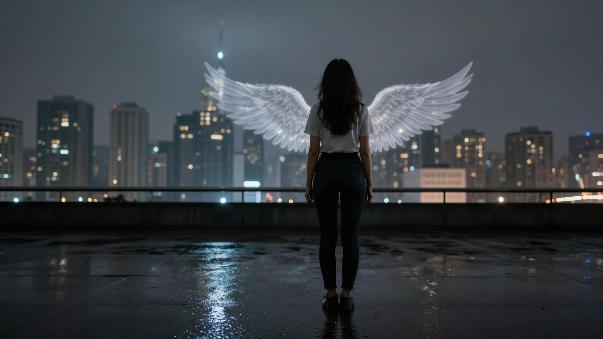 Full length shot from behind of a woman looking at the city ...