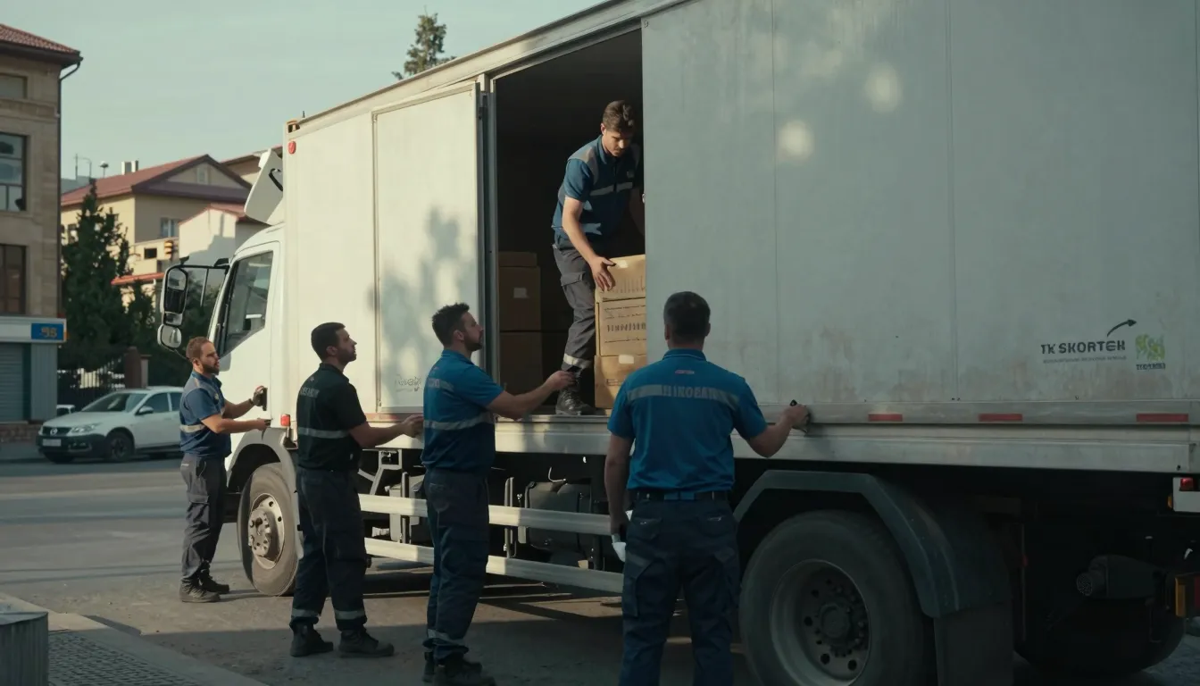 A professional team of movers unloading a large truck in Yer...