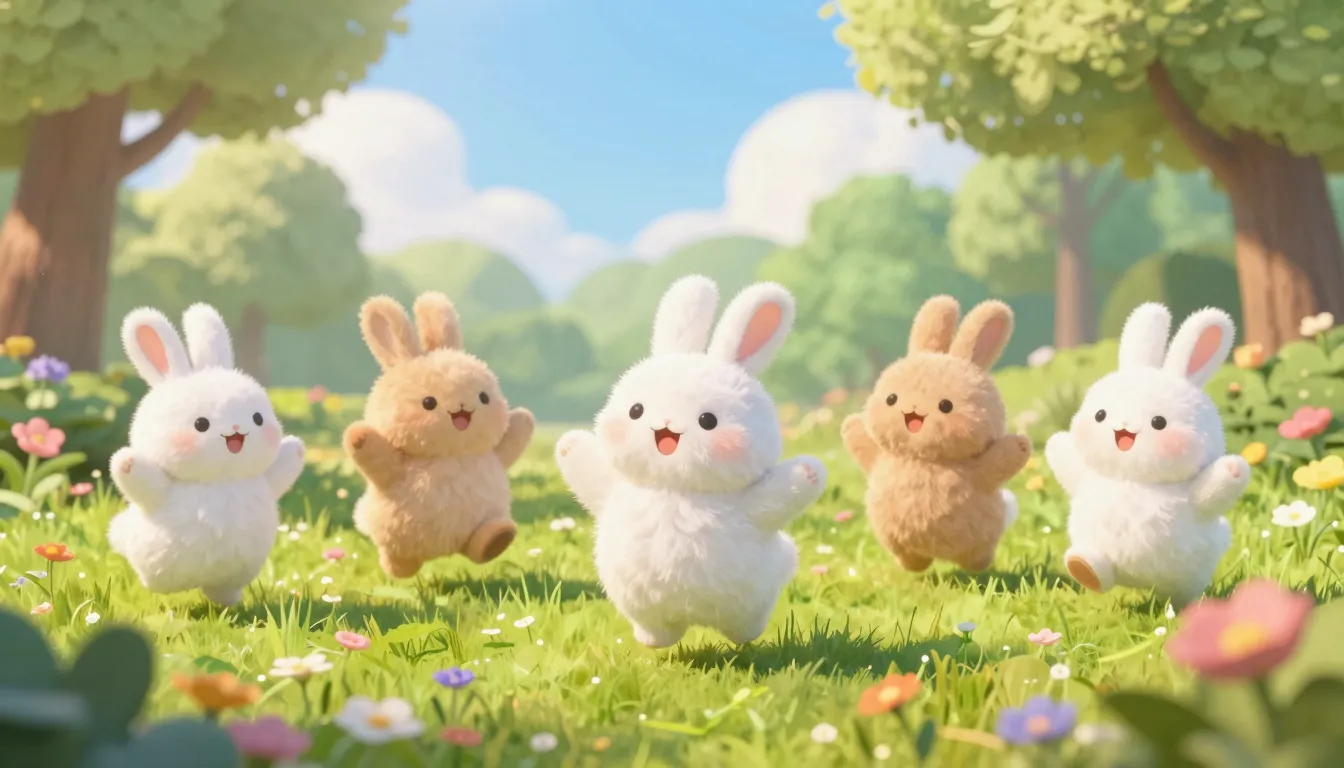 A group of cute fluffy bunnies dancing and jumping on a vibr...