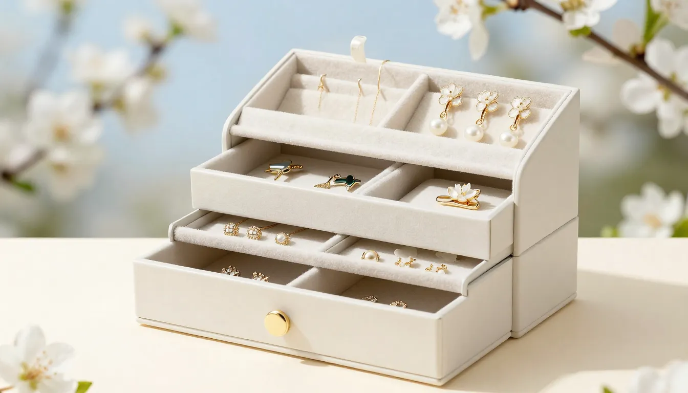 Elegant jewelry organizer with earrings and brooches, spring...