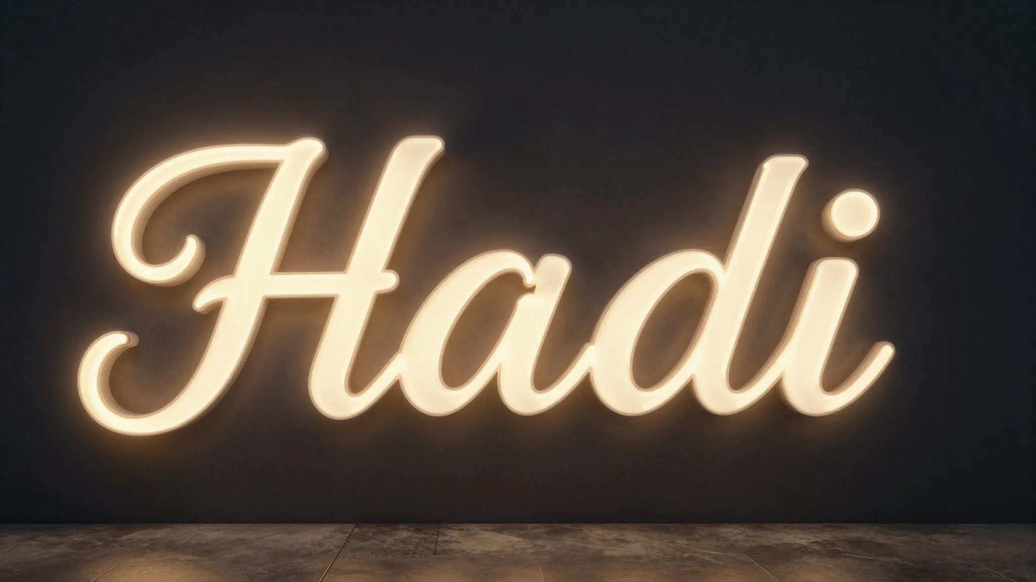 The word 'Hadi' written in elegant neon letters on a dark ba...