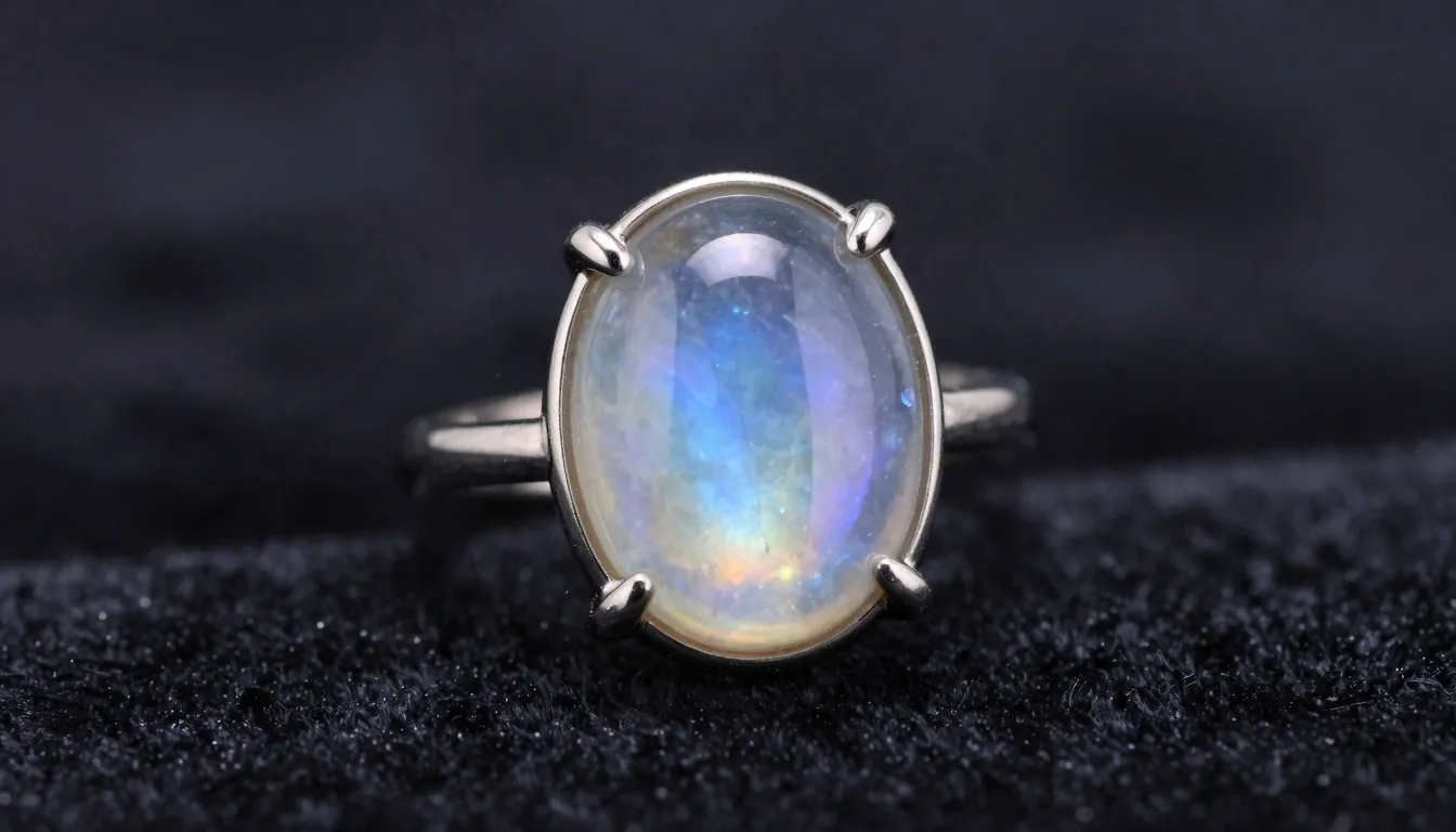 Close-up of a minimalist silver ring with a translucent moon...