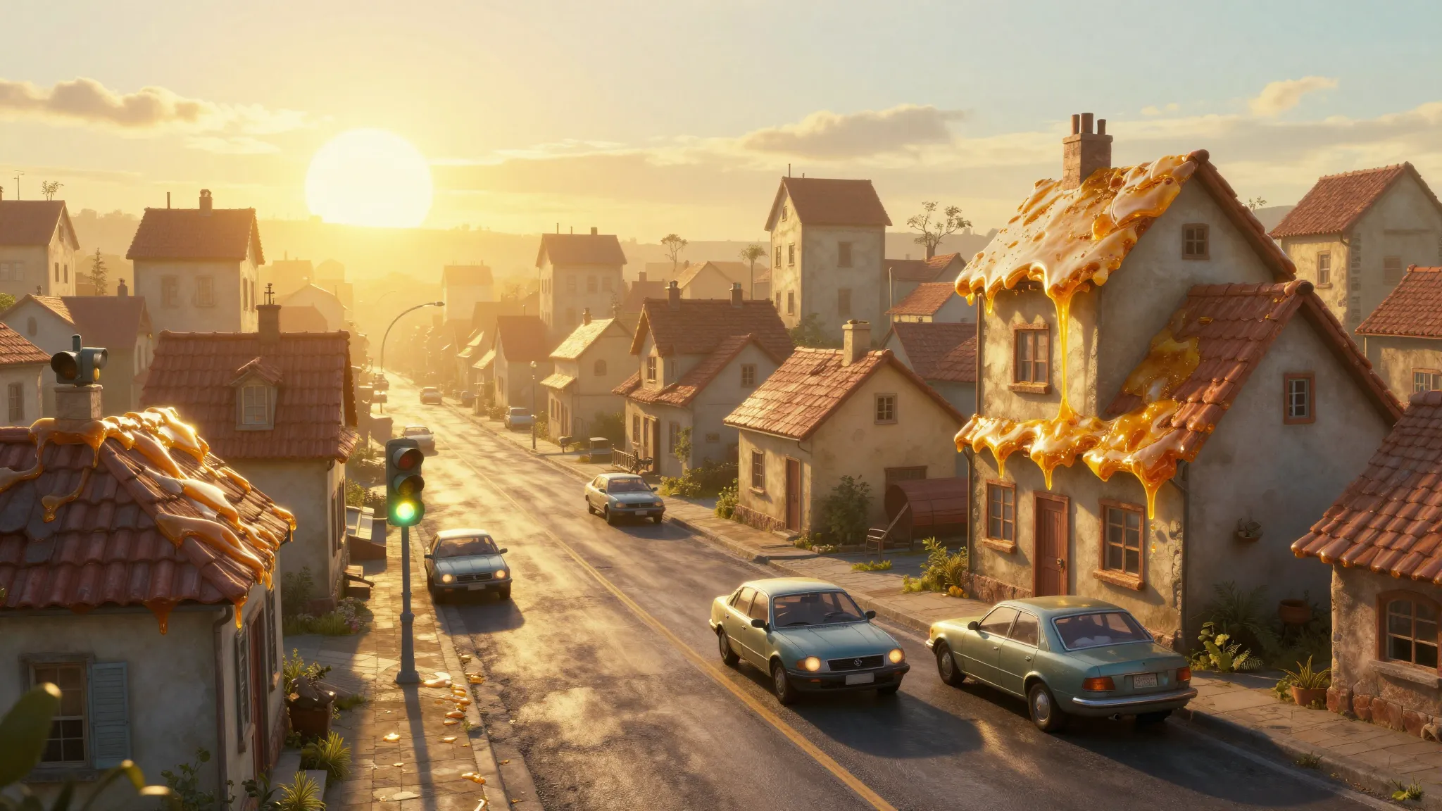 A panoramic dreamlike city landscape. The sun is melting ove...