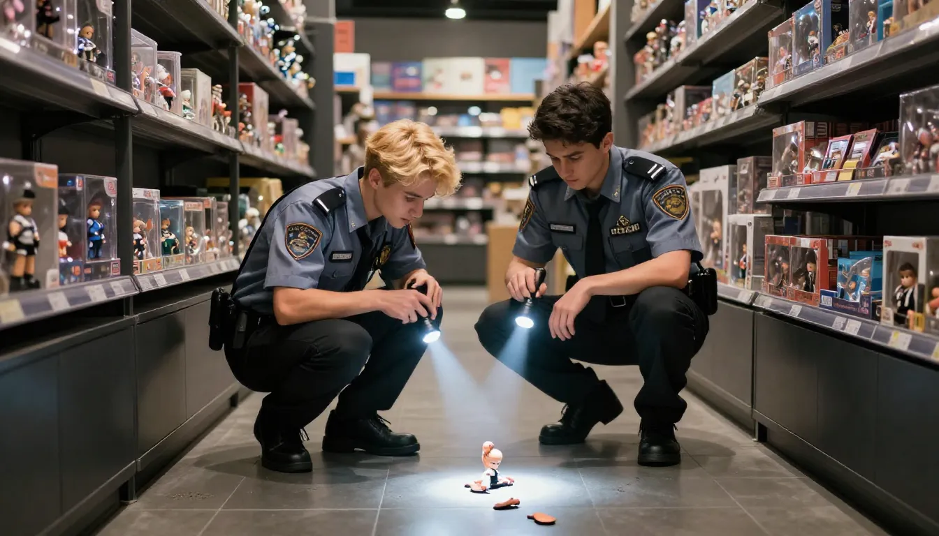 Two young security guards in uniforms, one with golden hair ...