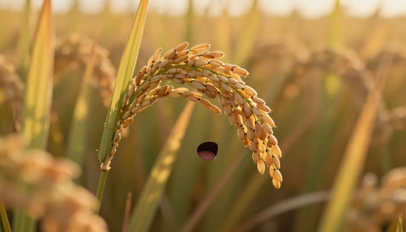 A personified rice stalk with a friendly face subtly formed ...