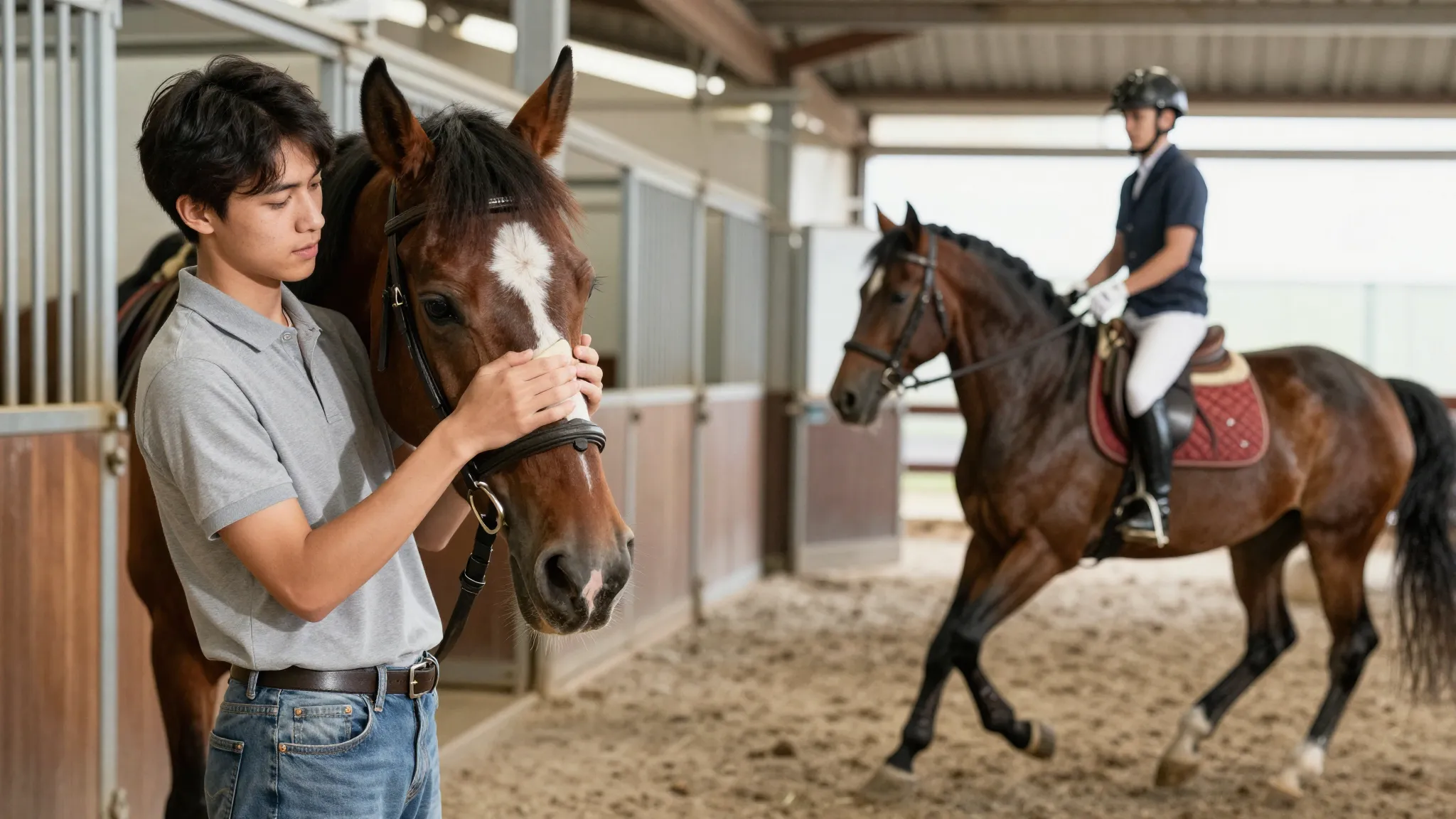 A young person confidently grooming a horse in a stable, sho...