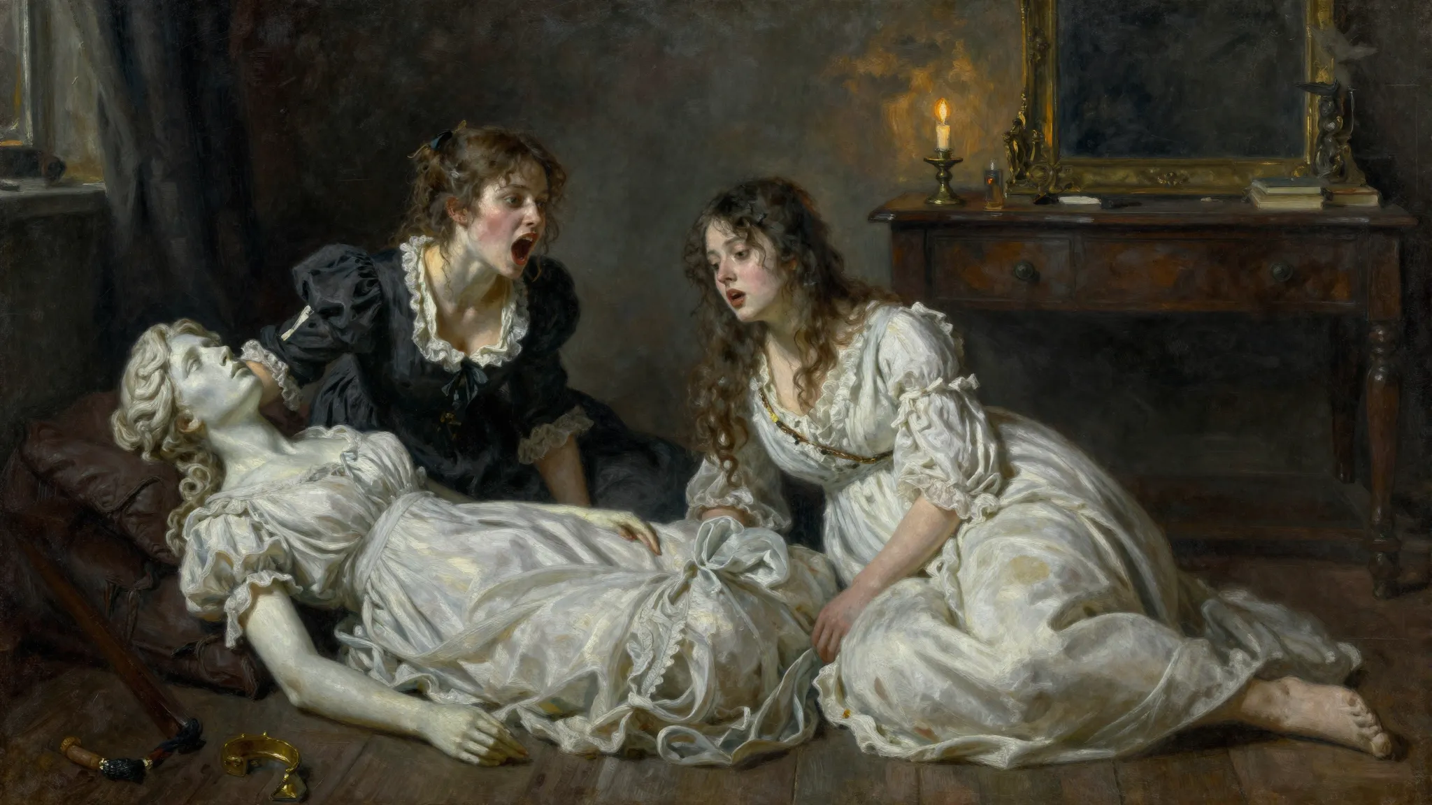 Two young women in 19th century dresses in a dark, cluttered...