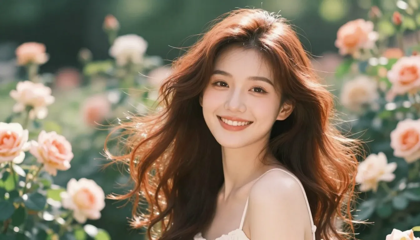 A beautiful young woman with a radiant smile, fair skin, and...