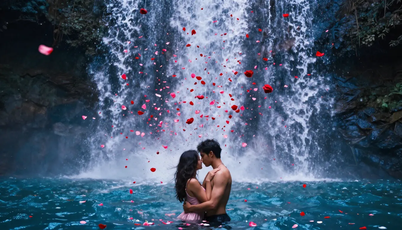 A massive waterfall transforming into millions of red and pi...