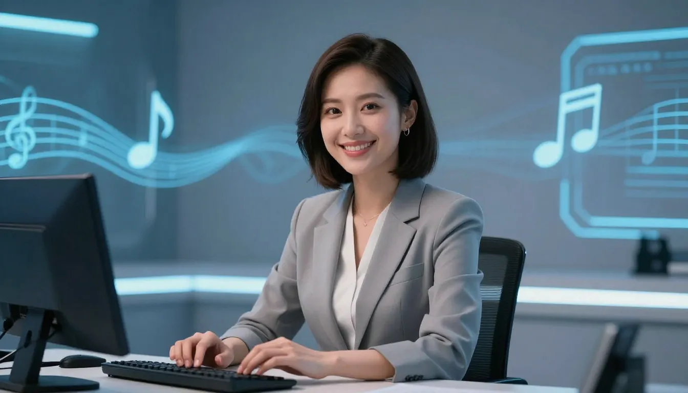 A friendly female AI assistant Anna with a kind smile, sitti...