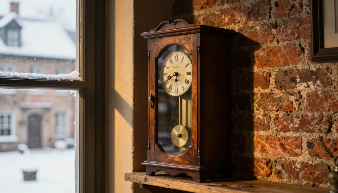 A close-up of an antique wooden pendulum clock on a shelf in...