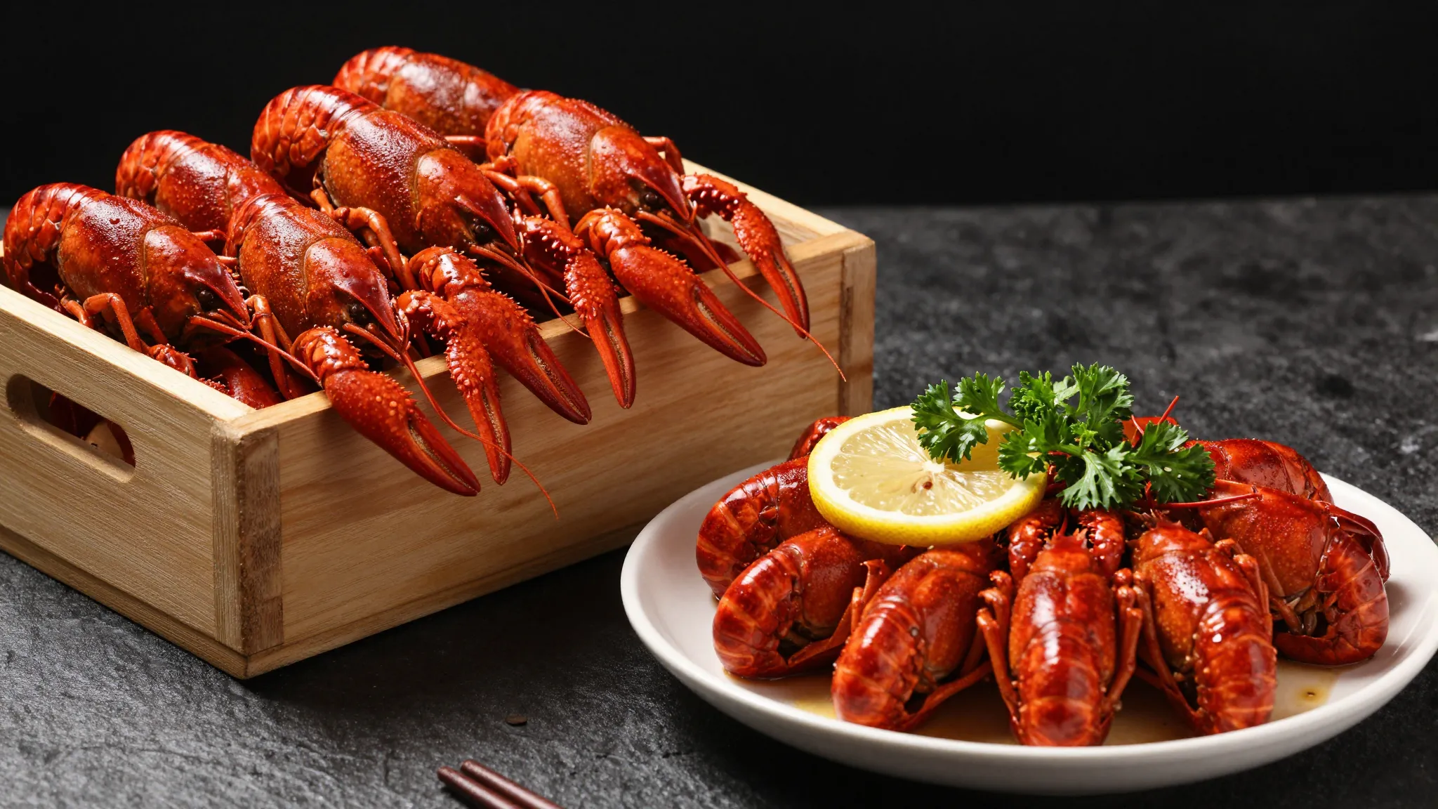 Fresh live crayfish in a wooden crate and a finished dish of...